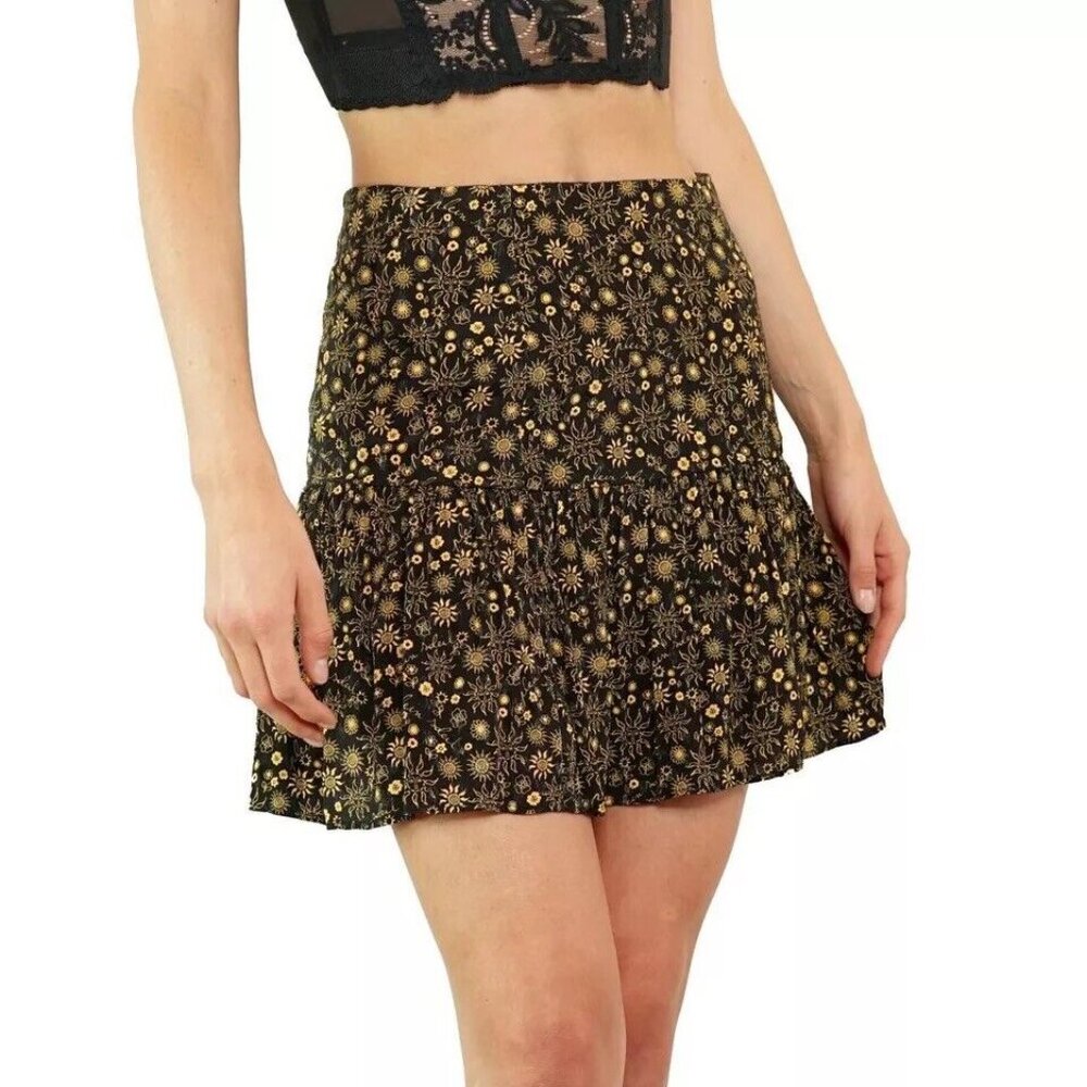 SANDRO WOMENS NOIR GRIS CERISE FLORAL-PRINT WOVEN MINI SKIRT‎ SMALL BLACK - Picture 2 of 11
